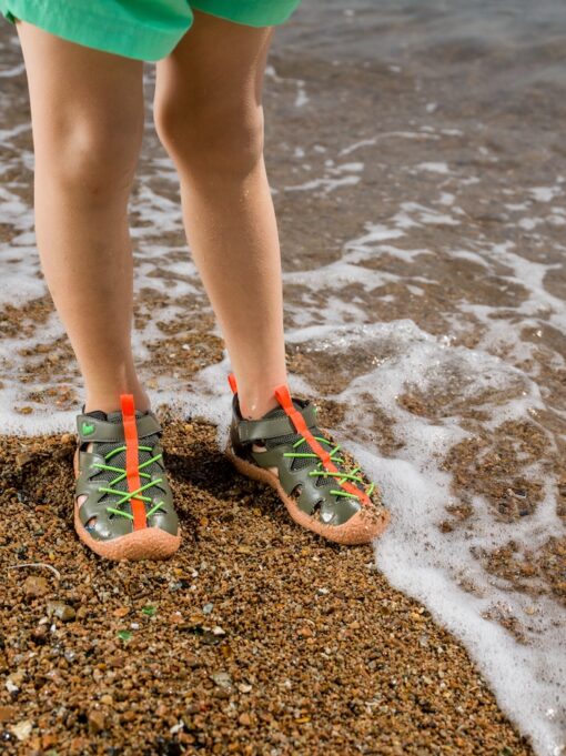 children's sandals, barefoot, into the water, Little Blue Lamb