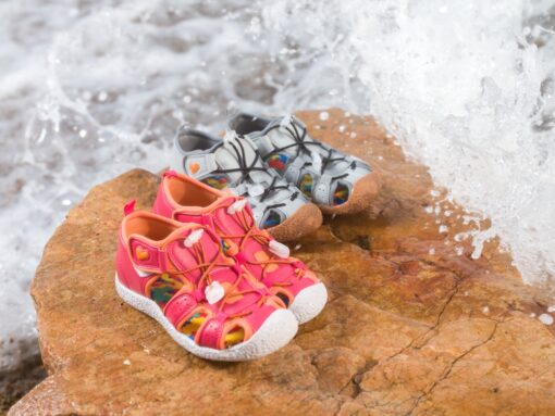 children's sandals, barefoot, into the water, Little Blue Lamb